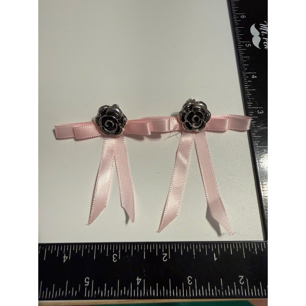 Pink Ribbon Bow Rose Stud Earrings Silver Tone Coquette Balletcore Drop Earrings